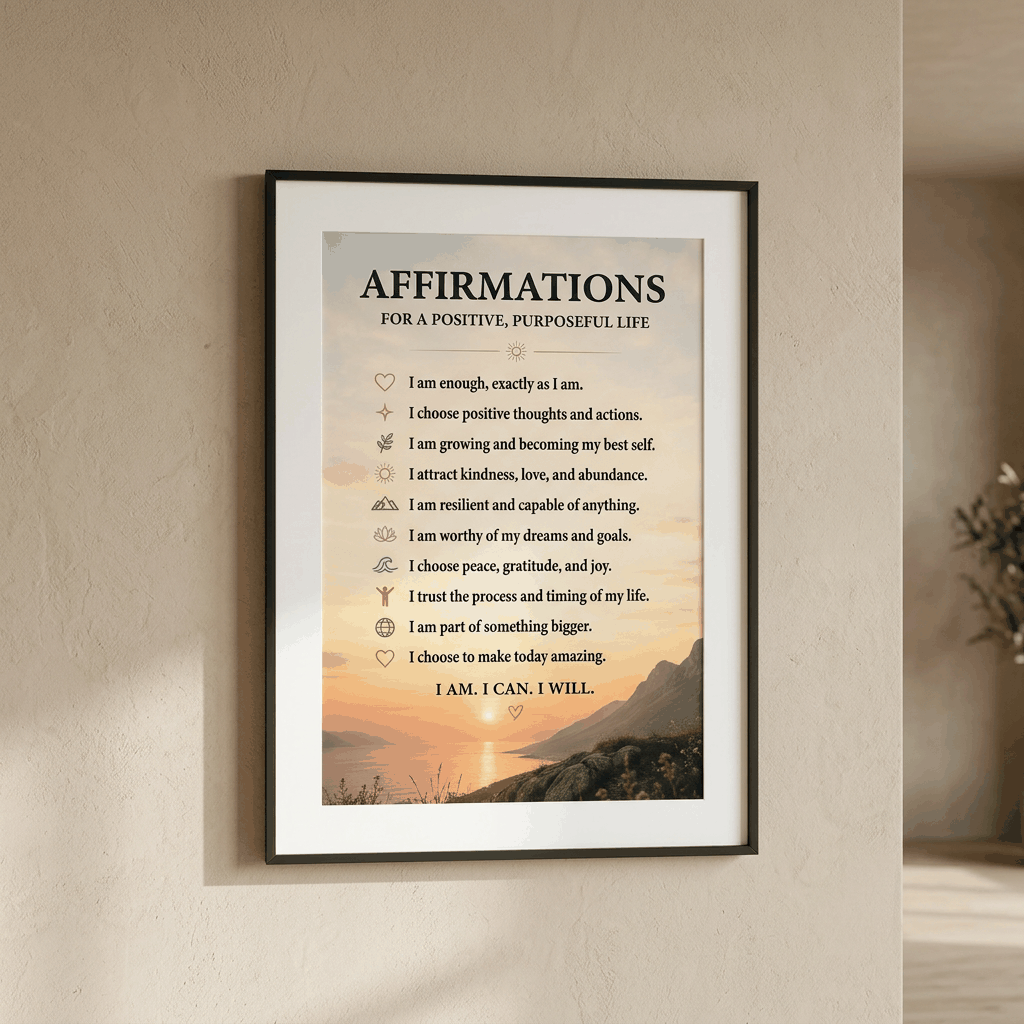 Daily Affirmation Wall Art | I Am I Can I Will Sunset Poster | Manifestation Decor | Mindfulness Print | Positive Affirmations Gift
