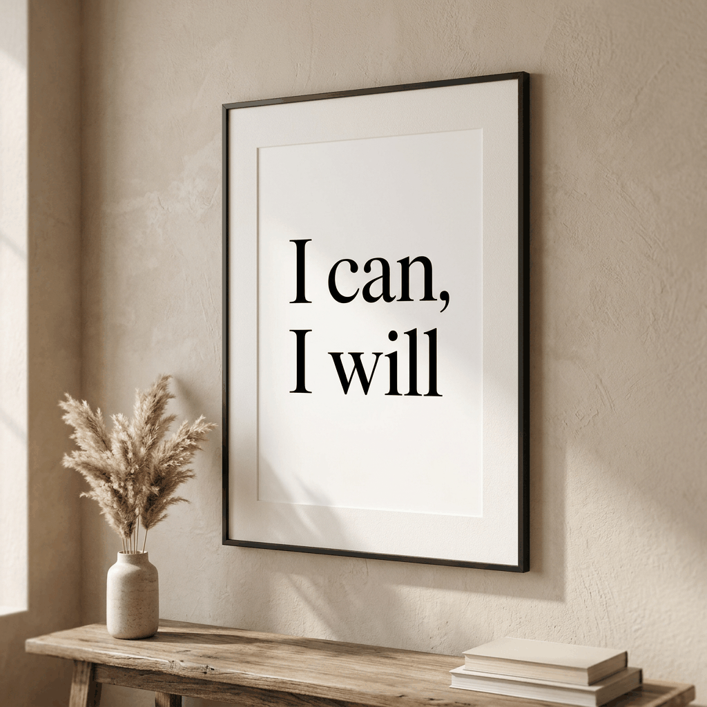 I Can I Will Affirmation Wall Art | Bold Serif Manifestation Poster | Minimalist Black & White Print | Modern Office & Bedroom Decor
